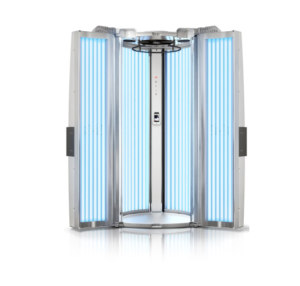 Luxura V5 stand-up sunbed with doors open