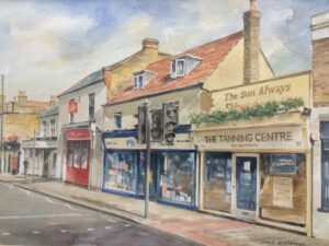 watercolour of Teddington High Street showing The Tanning Centre