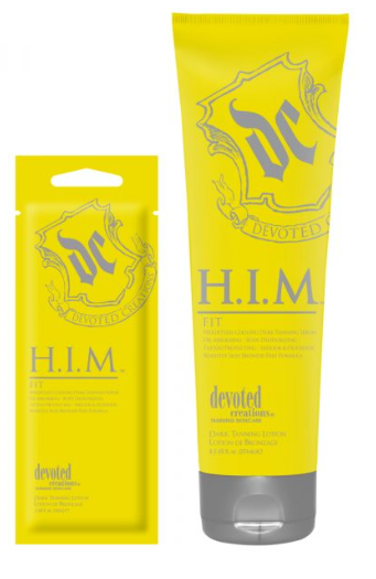 sachet and bottle of HIM FIT tanning lotion